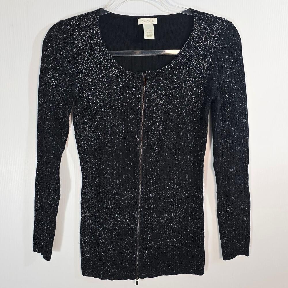 Vintage Y2K Cache Black Sparkle Ribbed Zip Front Fitted Knit Top Size Small